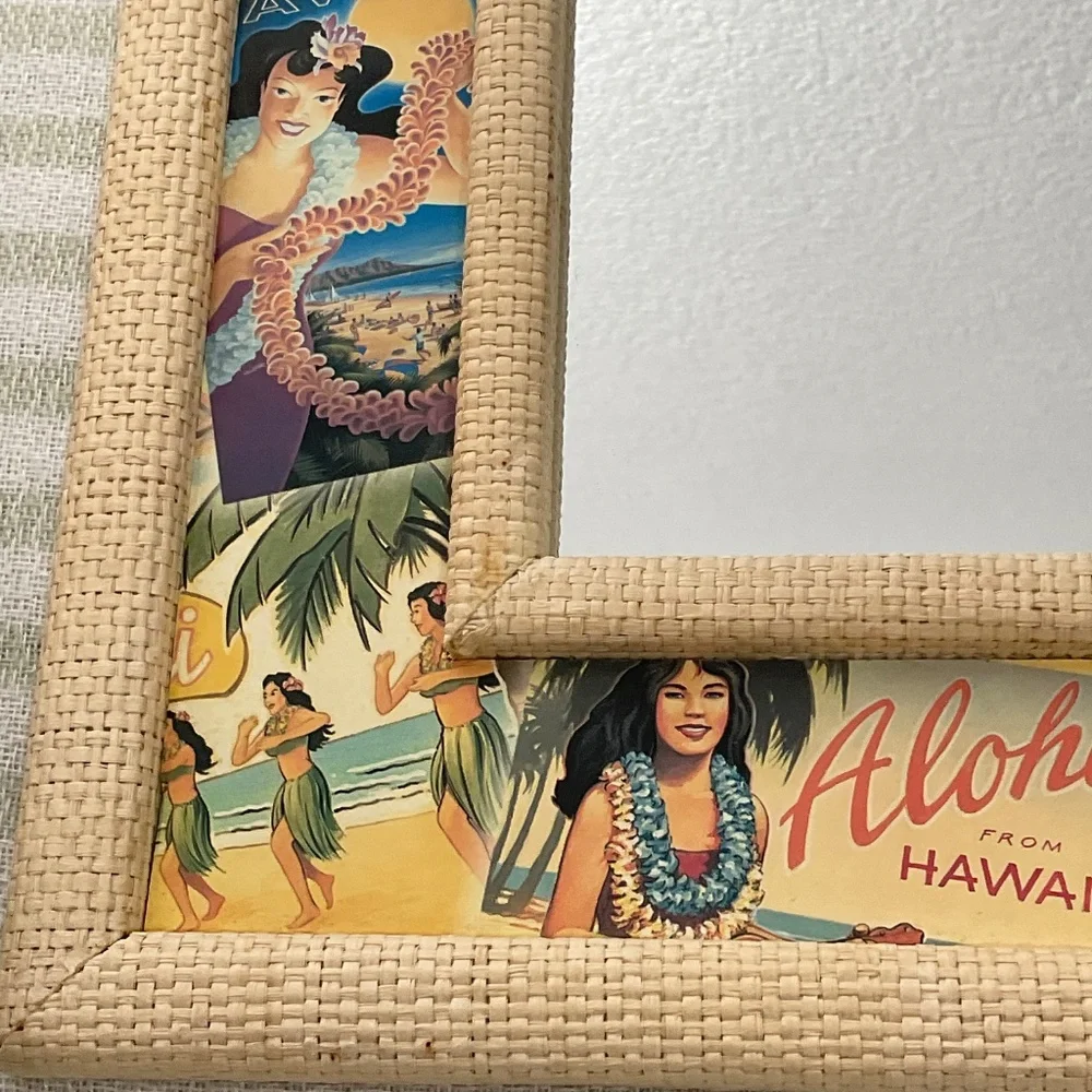 VTG Style Mirror raffia-textured frame Hawaiian Decor Tropical Tiki Bar Boho D